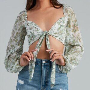 Windsor Tie-Front Long Sleeved Crop Top - Sage Floral Print, S